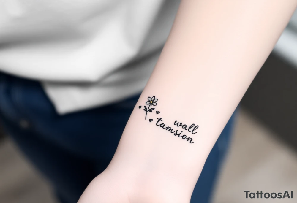 Small black and white tattoo waxing crescent moon with small Daisy birth flower and tiny Leo gliph tattoo idea