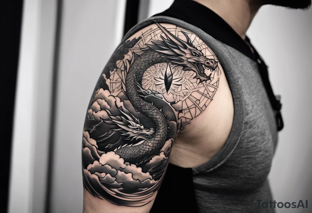 Half sleeve forearm tattoo. Representing the hero’s journey. Haku the dragon, a tree, clouds, a broken sword, the sun and moon tattoo idea