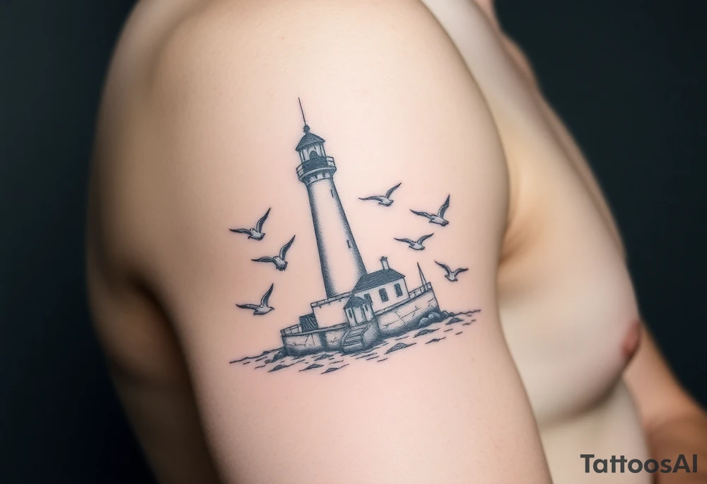 Baltic Sea tattoo with lighthouse surrounded by seagulls tattoo idea