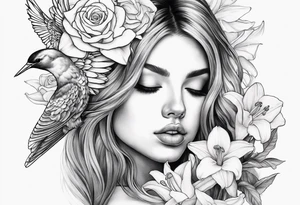 off shoulder 
fallen angel with head down and face covered by her hair surrounded by lily, daffodil, rose, daisy, narcissus holding a hummingbird tattoo idea