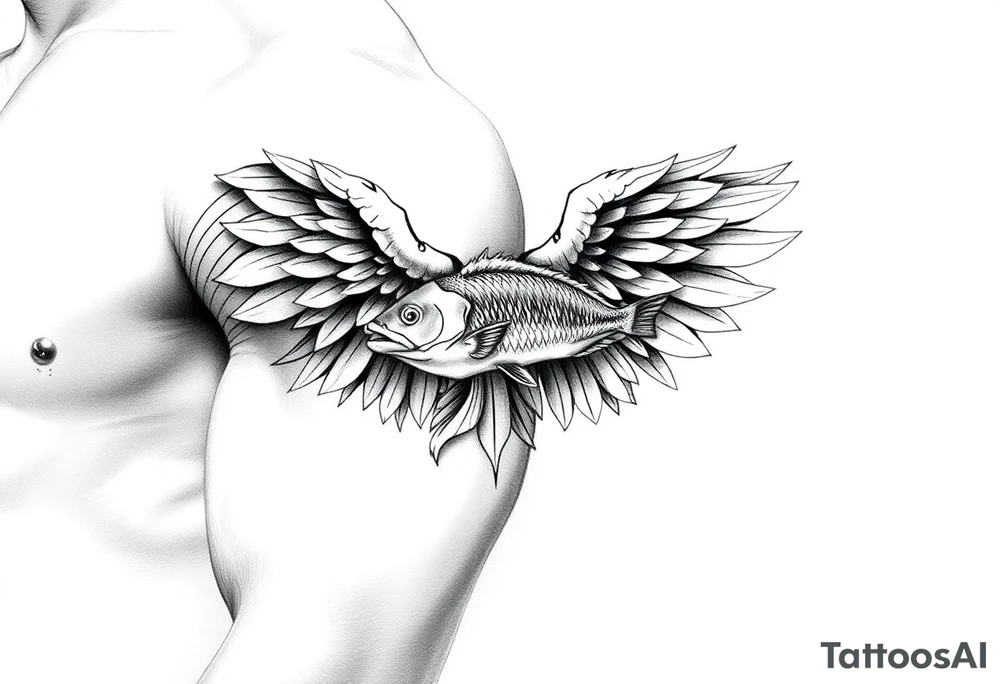 angel wings with fish inside the wings tattoo idea
