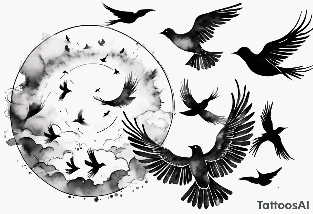 shoulder tattoo with light rays with birds flying free among the clouds, round shape, 3d effect tattoo idea shoulder tattoo with light rays with birds flying free among the clouds, round shape, 3d effect tattoo idea