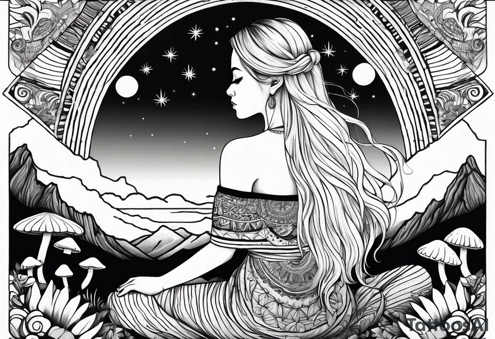 Straight blonde hair girl meditating facing away toward mountains surrounded by mushrooms crescent moon mandala circular design black and white striped dress tattoo idea