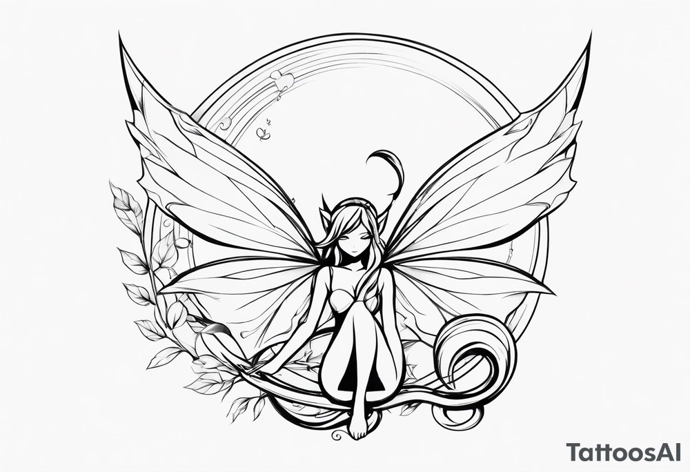 No color sketch of a fairy with a tail inspired by the guild symbol in the anime show called Fairy Tail in a fetal position leaning in and forward while crawled in tattoo idea