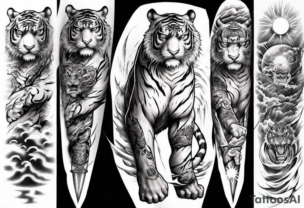 Tiger Warrior sleeve tattoo with lightning and the sun
Forearm sleeve tattoo idea