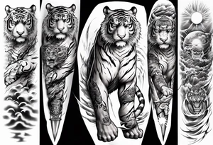 Tiger Warrior sleeve tattoo with lightning and the sun
Forearm sleeve tattoo idea
