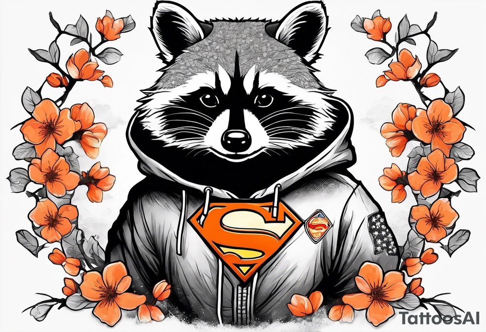 raccoon wearing a Superman hoodie with orange Japanese cherry blossoms tattoo idea
