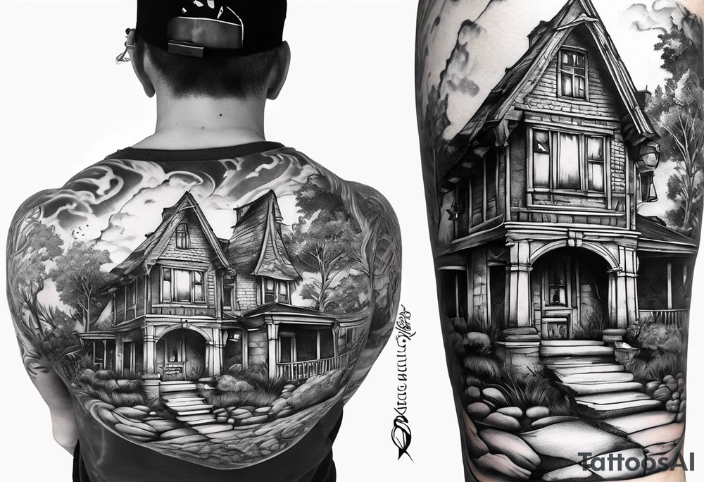 fool sleeve,, abandoned old gotic house, broken sword tattoo idea