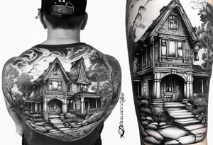 fool sleeve,, abandoned old gotic house, broken sword tattoo idea