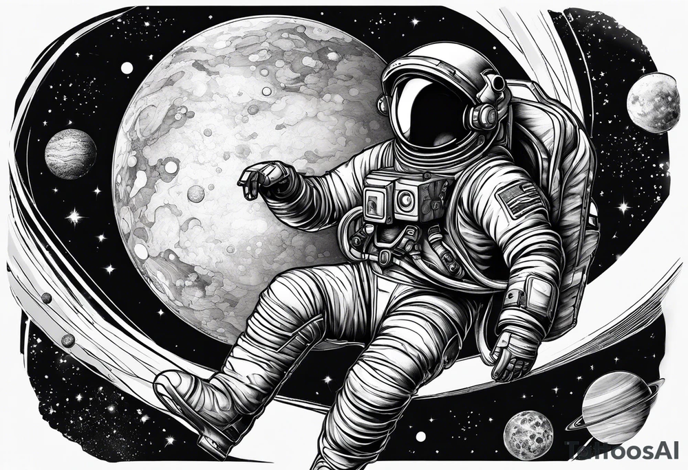 An astronaut floating in space with planets around him tattoo idea An astronaut floating in space with planets around him tattoo idea