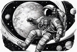 An astronaut floating in space with planets around him tattoo idea