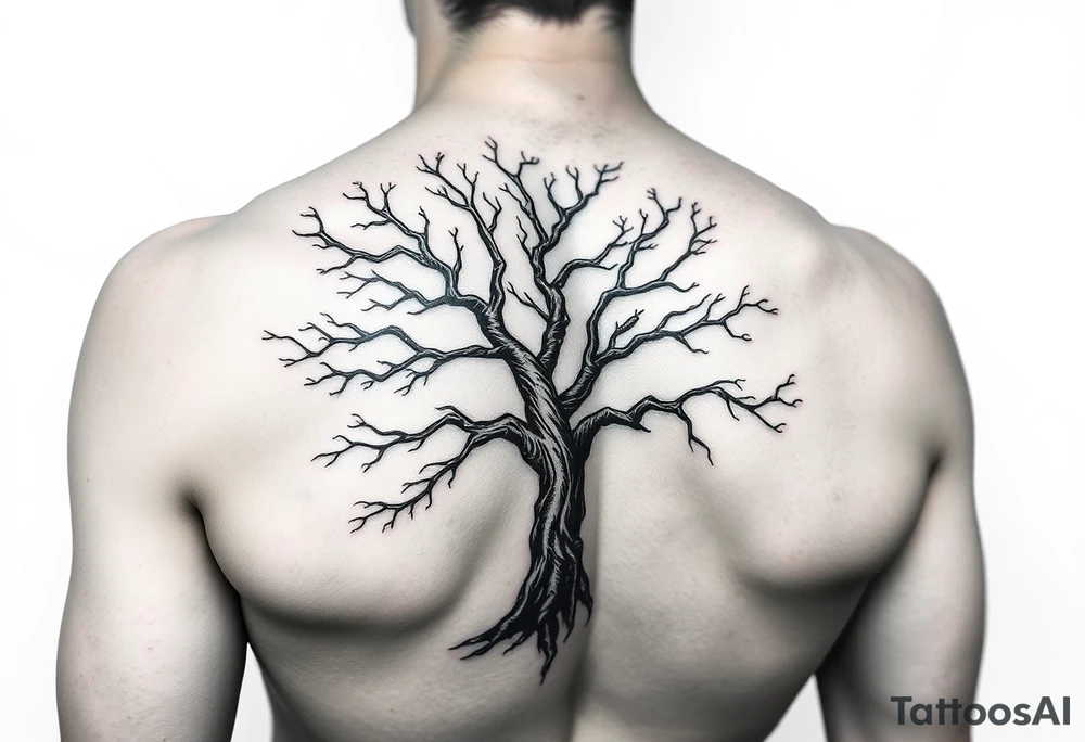 Flowing asymmetrical symbolic tree quarter sleeve on shoulder. Bold and simple branches that do not look realistic. Tree of gondor tattoo idea