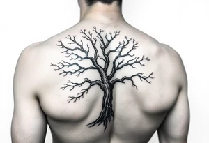 Flowing asymmetrical symbolic tree quarter sleeve on shoulder. Bold and simple branches that do not look realistic. Tree of gondor tattoo idea