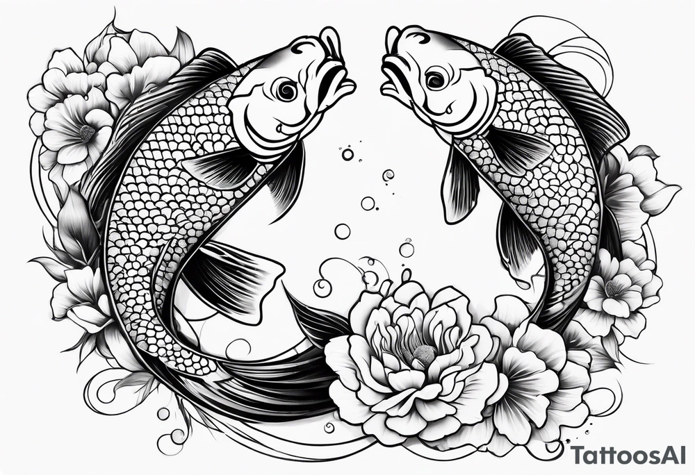 2 koi fish and flowers tattoo idea