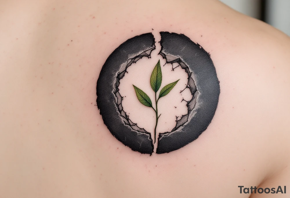 A broken circle in charcoal gray with a sprouting green leaf at the gap, symbolizing growth and renewal. tattoo idea