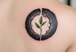 A broken circle in charcoal gray with a sprouting green leaf at the gap, symbolizing growth and renewal. tattoo idea