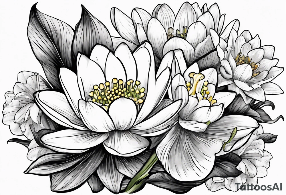 Water Lily, Lily of the Valley, Narcissus, and Gladiolus bouquet for vase tattoo idea