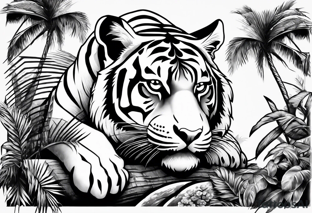 tiger laying on palm tree tattoo idea