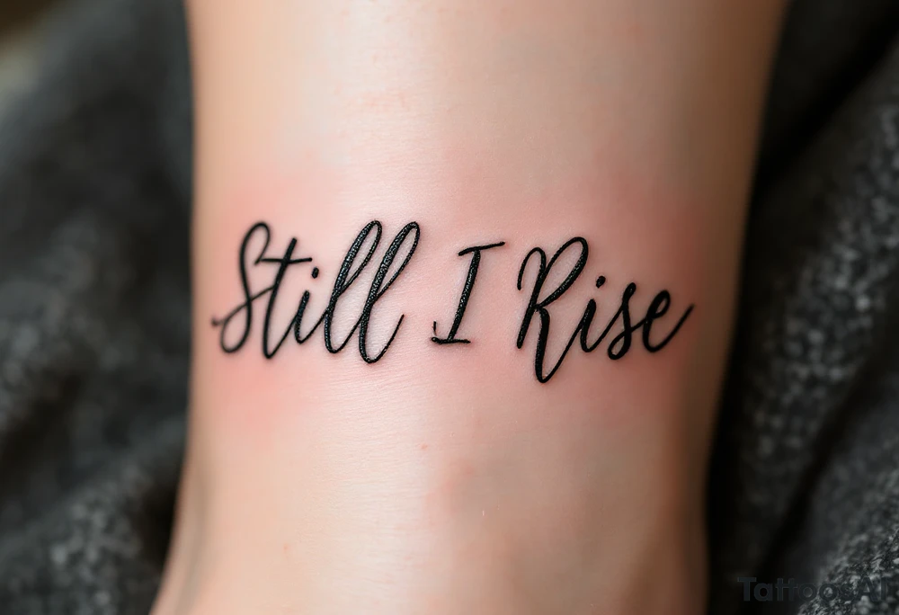 "Still I Rise" in elegant calligraphy, pure black with faint rose gold shimmer over the capital letters, graceful and empowering. tattoo idea