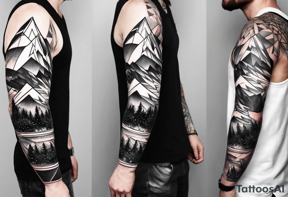 A geometric half sleeve with a mountain peak tattoo idea
