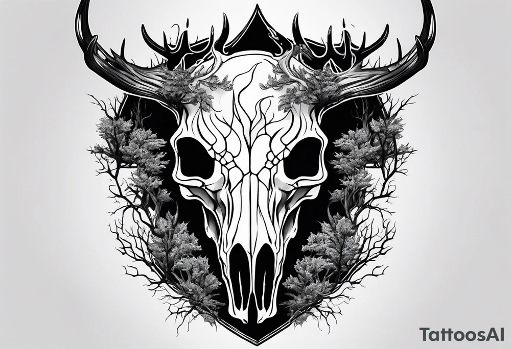 A scary decayed deer skull head human body with flames and trees tattoo idea