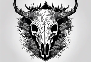 A scary decayed deer skull head human body with flames and trees tattoo idea