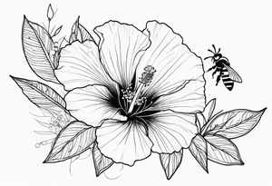 Hibiscus with wildflowers, poppy, complimentary flowers, bees, peony, forearm tattoo idea
