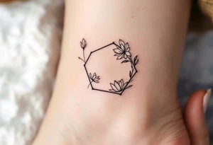 Faint Hexagon with Leo, larkspur and water lilies in the center tattoo idea