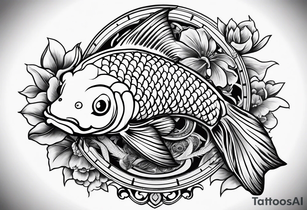 Koi fish and old clock tattoo idea