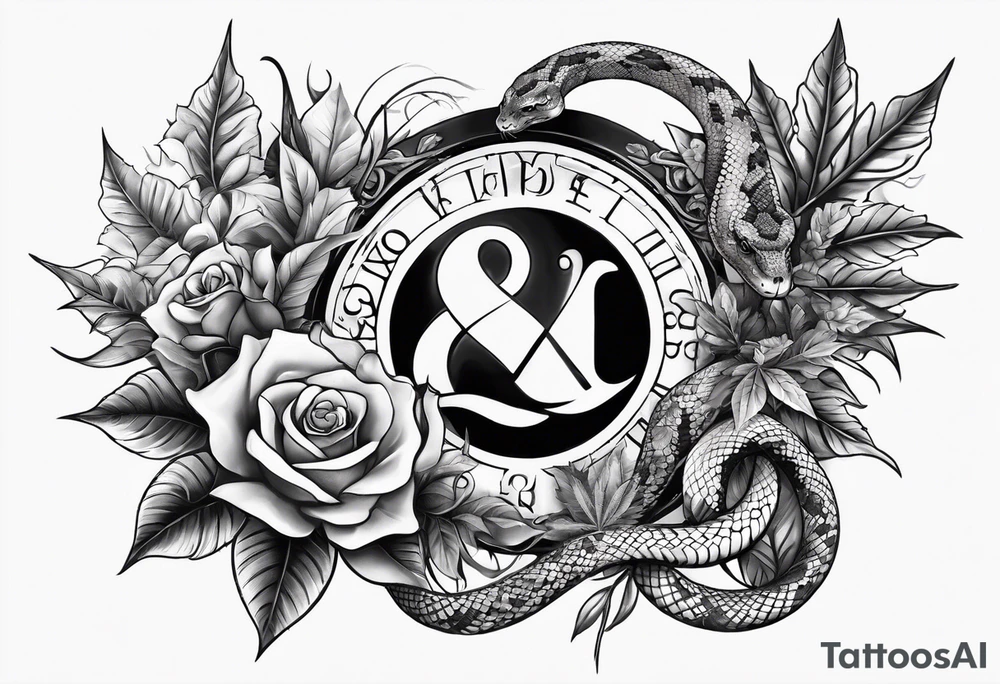 sleeve tattoo with a snake, gun, weed symbol and a medallion tattoo idea