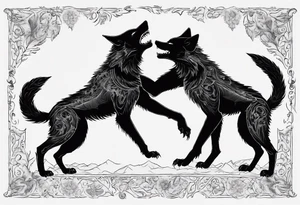 two black wolves dancing on their hind legs. they should be facing each other and obviously dancing. they should be very basic with not many details within their shapes. tattoo idea