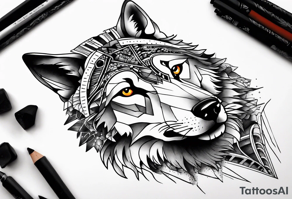 Abstract trash polka style tattoo with a wolf and the Roman Colosseum. tattoo idea
