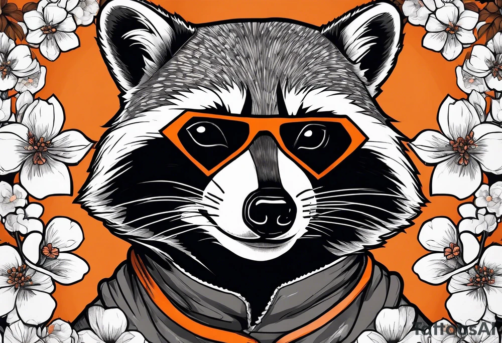 raccoon wearing a black and white Superman hoodie and orange Japanese cherry blossoms tattoo idea