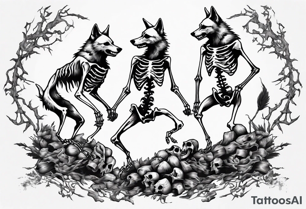 two wolf skeletons dancing on a pile of bones tattoo idea