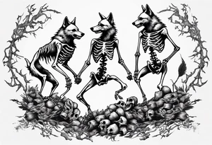 two wolf skeletons dancing on a pile of bones tattoo idea