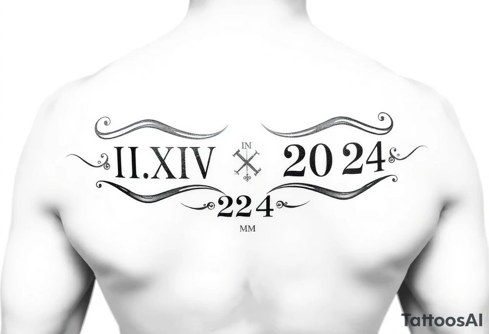 Create tattoo design with equal representation of both Roman numeral dates (IX.IX.MM and II.XXV.MMIII) in a balanced and symmetrical layout, along with the number 224. Let me know if you’d like any modifications! tattoo idea