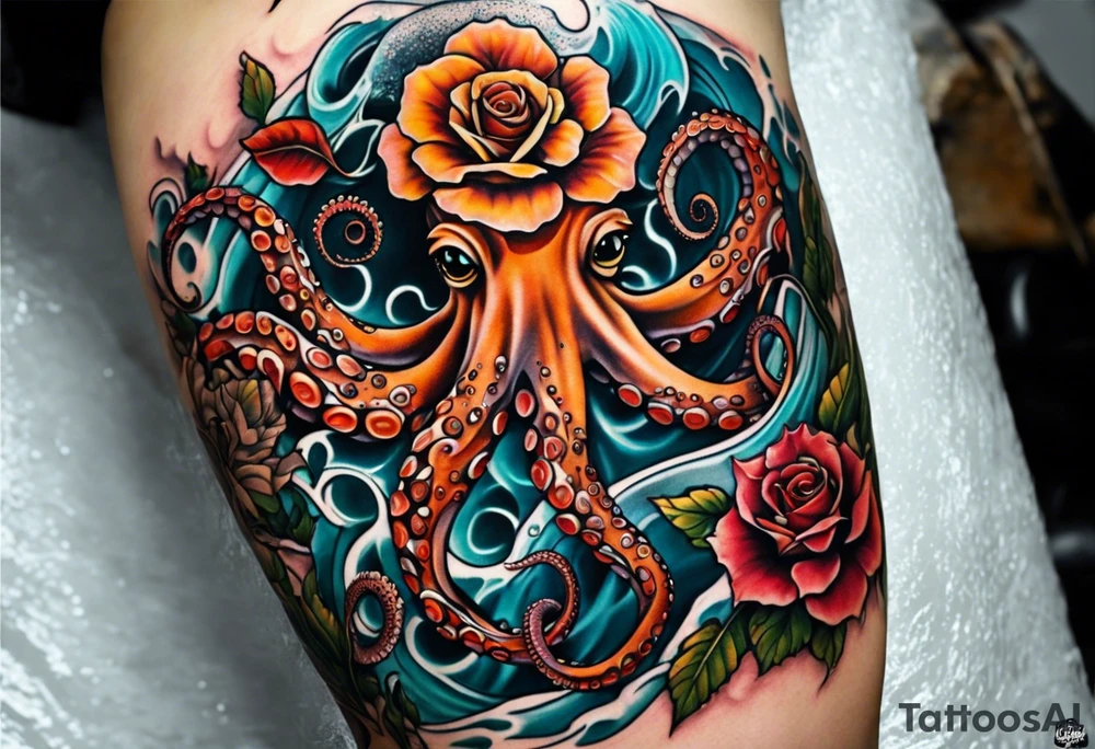 biomechanical Left thigh tattoo with an octopus in water swirls wrapping around rocks, a rose, in fall colors tattoo idea