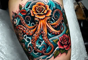 biomechanical Left thigh tattoo with an octopus in water swirls wrapping around rocks, a rose, in fall colors tattoo idea