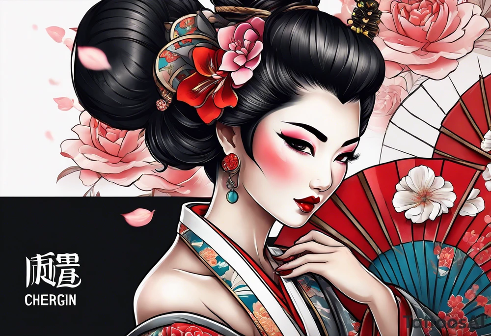 neo traditional Geisha pinup full body tattoo idea