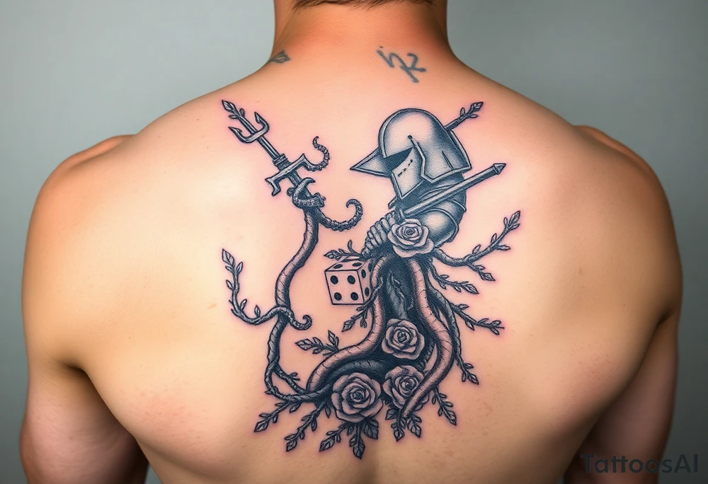 knight and squid intertwined with tree roots and roses rolling dice tattoo idea