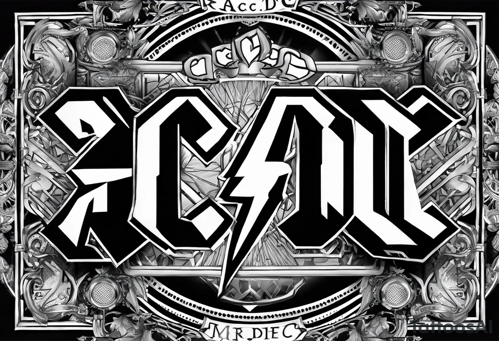 An image that represents the rock band ac/dc. Lyrics from their songs will be behind the image and act as a background tattoo idea