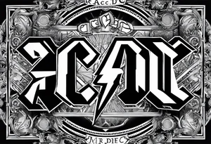 An image that represents the rock band ac/dc. Lyrics from their songs will be behind the image and act as a background tattoo idea