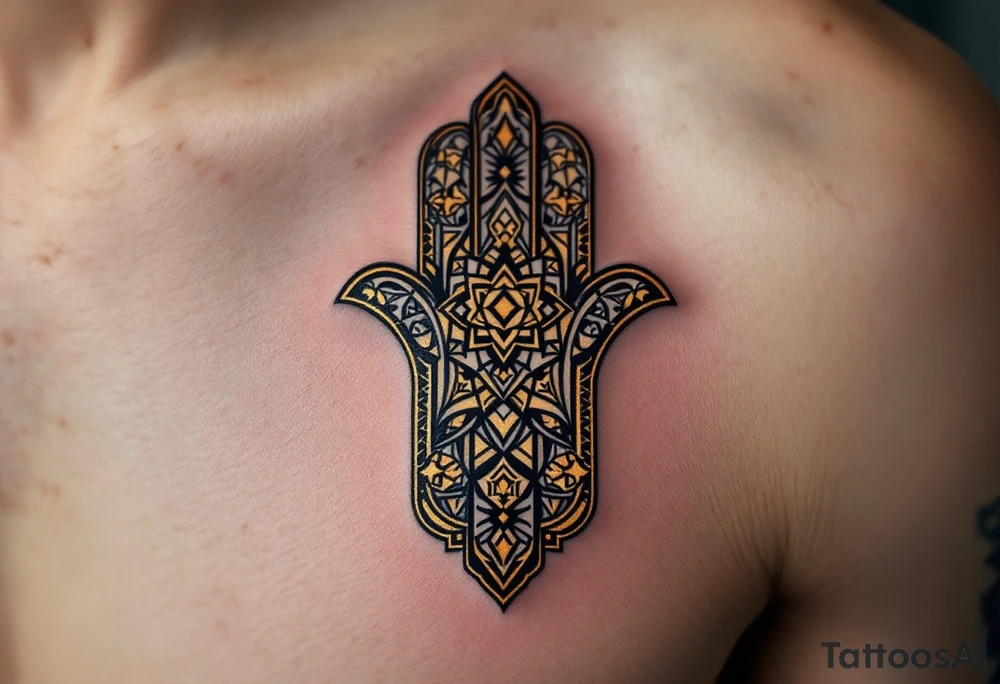 A symmetrical black and gold mandala Hamsa, featuring intricate sacred geometric patterns. tattoo idea