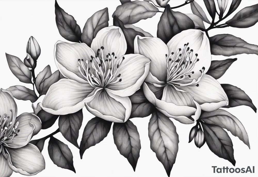 Azaleas, buds, leaves; curved design tattoo idea