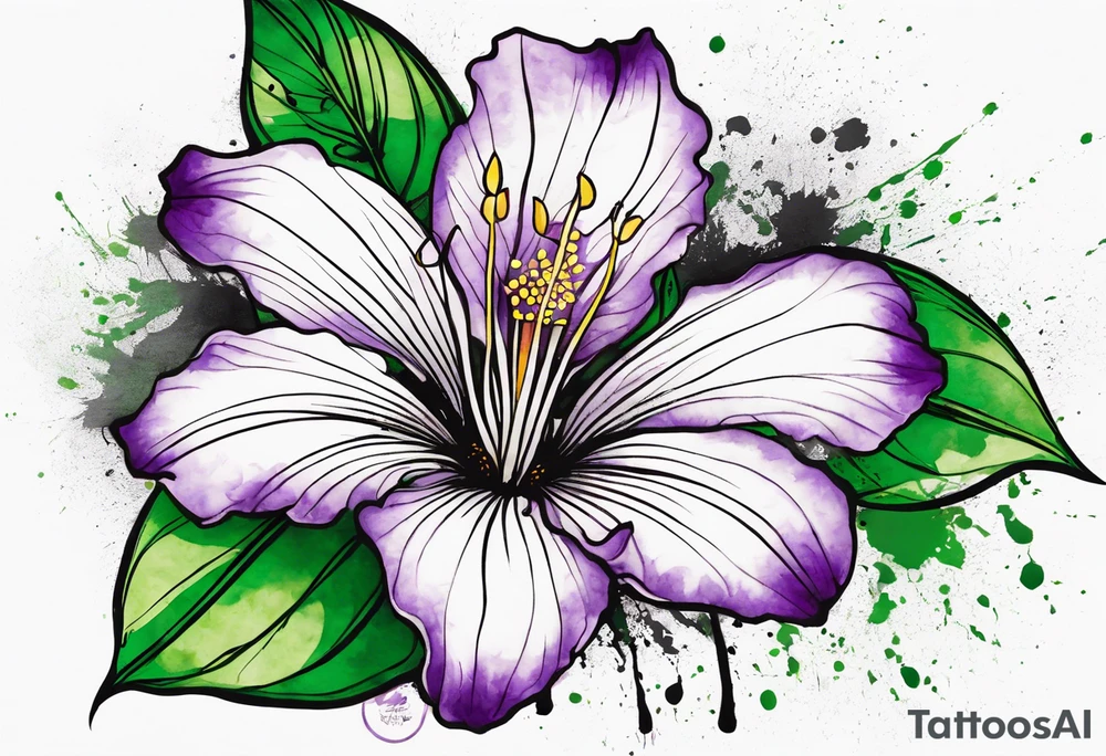 An outline of a rio dipladenia flower with a green and purple watercolor splatter in the background tattoo idea