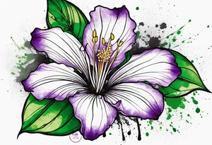 An outline of a rio dipladenia flower with a green and purple watercolor splatter in the background tattoo idea