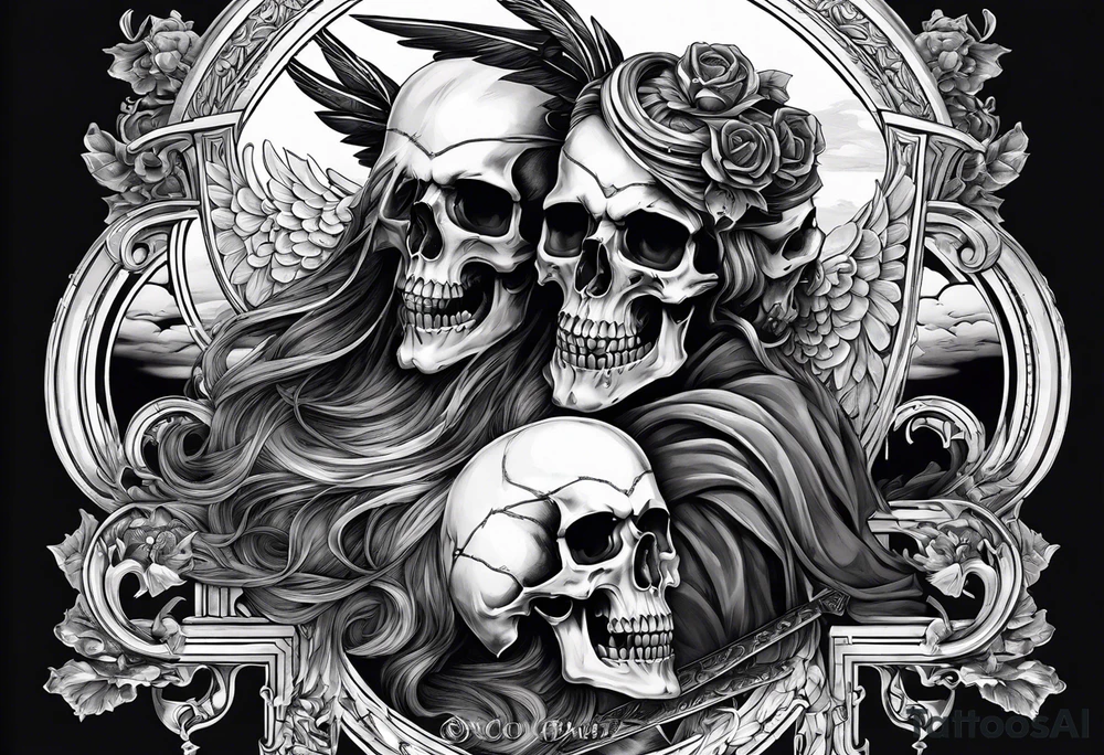 Thanatos and hypnos, 3 skull, sword, like greek statue tattoo idea