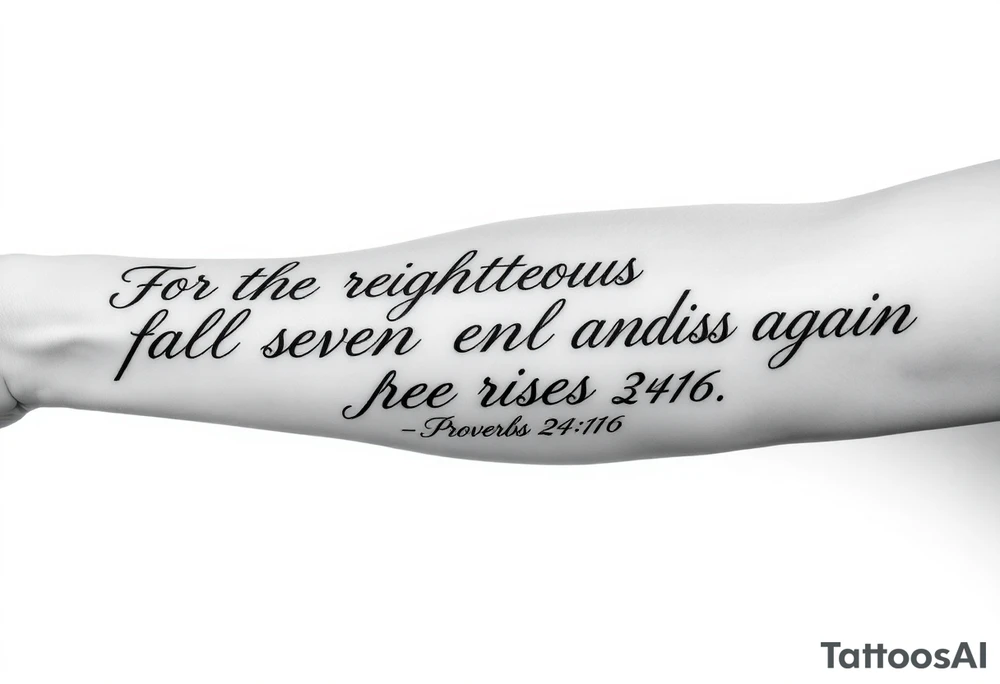 A comprehensive full-length outer forearm tattoo design. The layout is strictly vertical, extending from the elbow down to the wrist on a perfectly flat 2D white background. The text features the complete scripture written out in an elegant, flowing, continuous cursive calligraphy script: "For the righteous falls seven times and rises again. Proverbs 24:16". The lettering is crisp black ink with precise fine-line weights, slight elegant swashes, and soft drop shadows for skin depth. Absolutely solid clean white background, strictly no clouds, no smoke, no background shading. tattoo idea