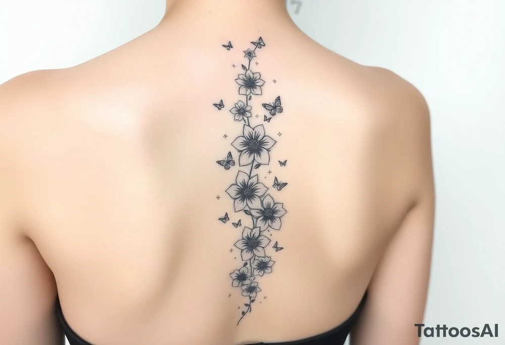 Flowers vertically down the spine surrounded by small butterflies and sparkles

Less flowers tattoo idea