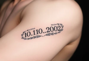 roman numerals (10.10.2002) in laurel crown in an ancient roman styles tattoo idea